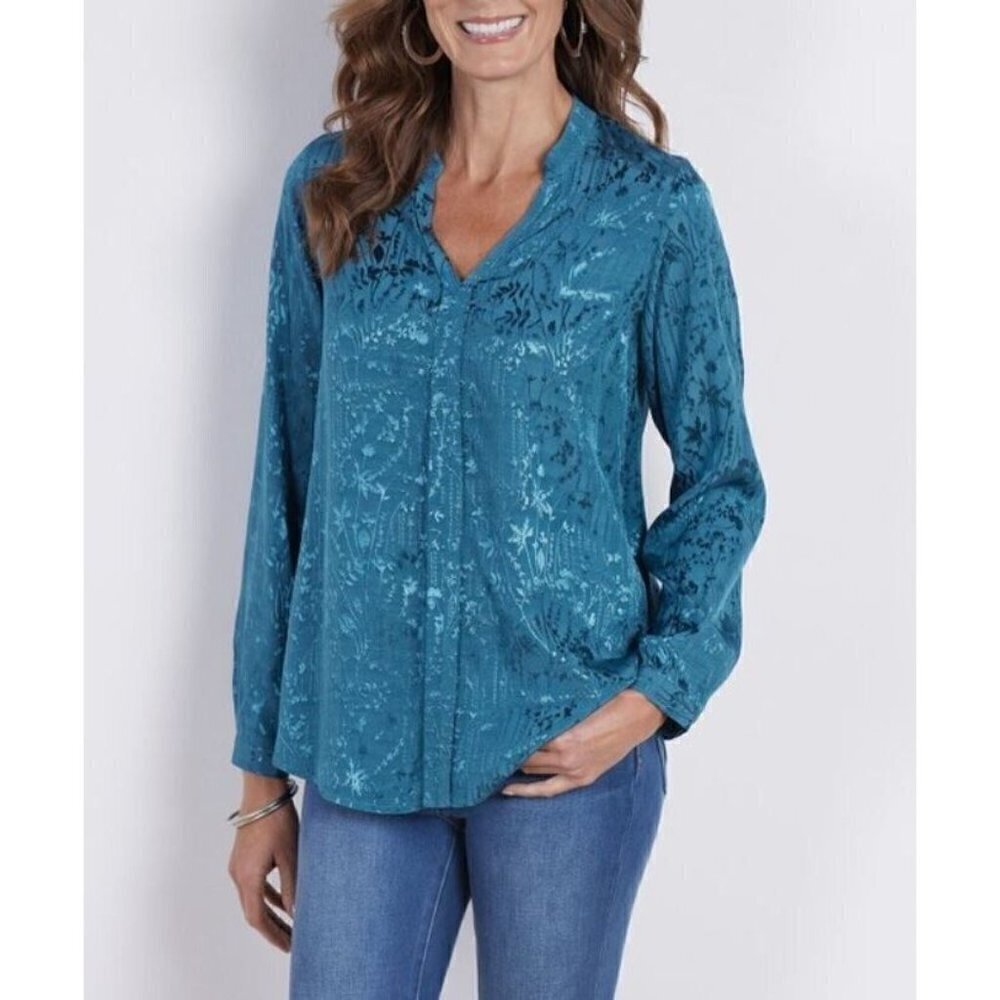 Soft Surroundings Otavalo Top Womens Small Jacquard Floral Silky Teal Blue